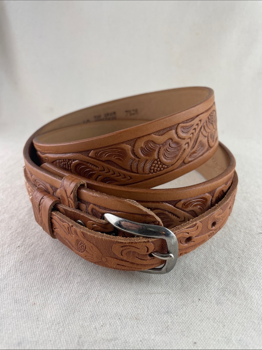 Tooled Leather Floral Belt in Cognac Brown